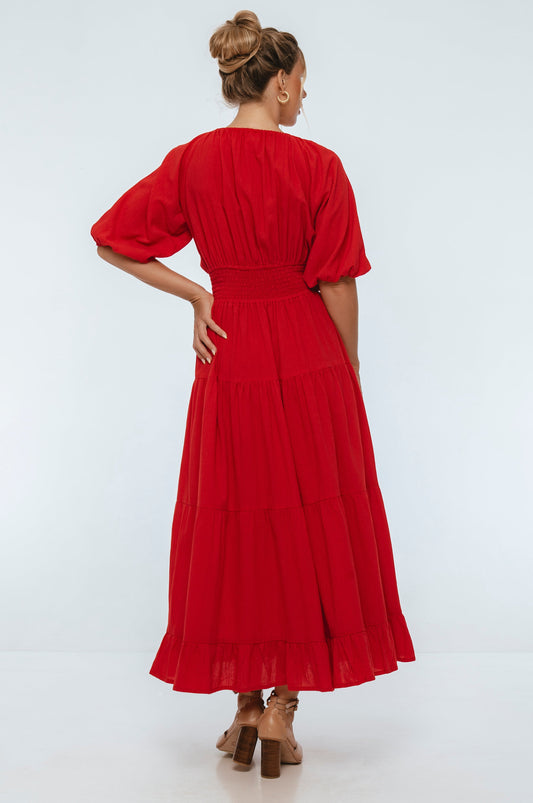 Lucienne Women's Linen Smocked Waist Tiered V-Neck Maxi Dress