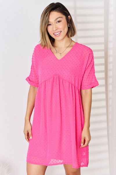 Zenana Women's Swiss Dot Rolled Short Sleeve Babydoll Dress