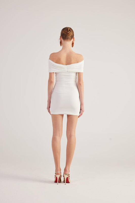 Muse Women's White Bardot Neck Off-the-Shoulder Mini Dress