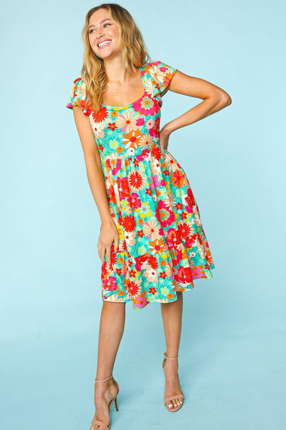 Women's Floral Print Square Neck Short Sleeve A-Line Dress