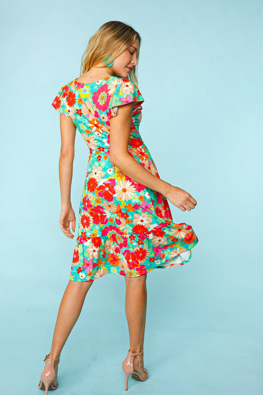 Women's Floral Print Square Neck Short Sleeve A-Line Dress