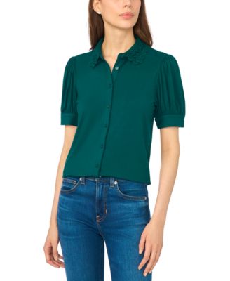 Women's Short Puff-Sleeve Scallop-Trim Button-Up Blouse