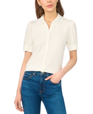 Women's Short Puff-Sleeve Scallop-Trim Button-Up Blouse
