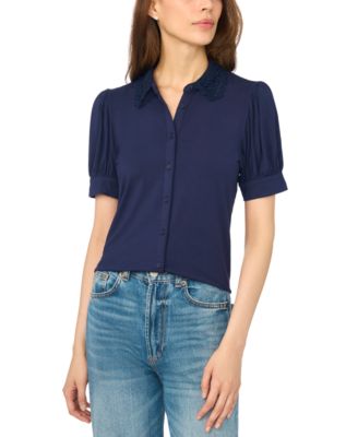 Women's Short Puff-Sleeve Scallop-Trim Button-Up Blouse