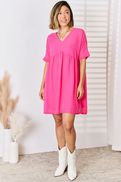 Zenana Women's Swiss Dot Rolled Short Sleeve Babydoll Dress