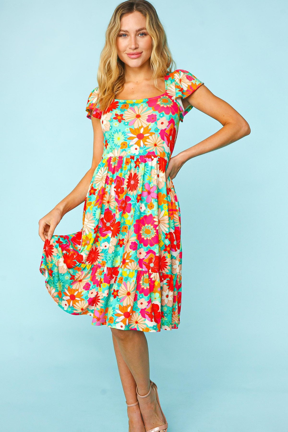Women's Floral Print Square Neck Short Sleeve A-Line Dress
