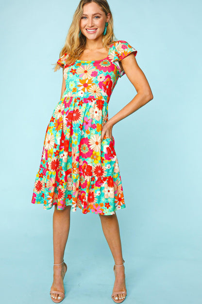 Women's Floral Print Square Neck Short Sleeve A-Line Dress