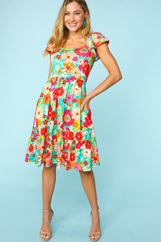 Women's Floral Print Square Neck Short Sleeve A-Line Dress