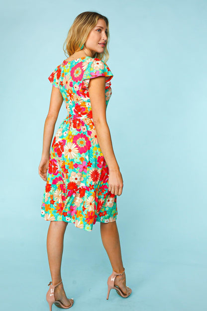 Women's Floral Print Square Neck Short Sleeve A-Line Dress