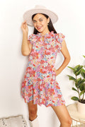 Women's Floral Print Tie Neck Cap Sleeve Mini A-Line Dress