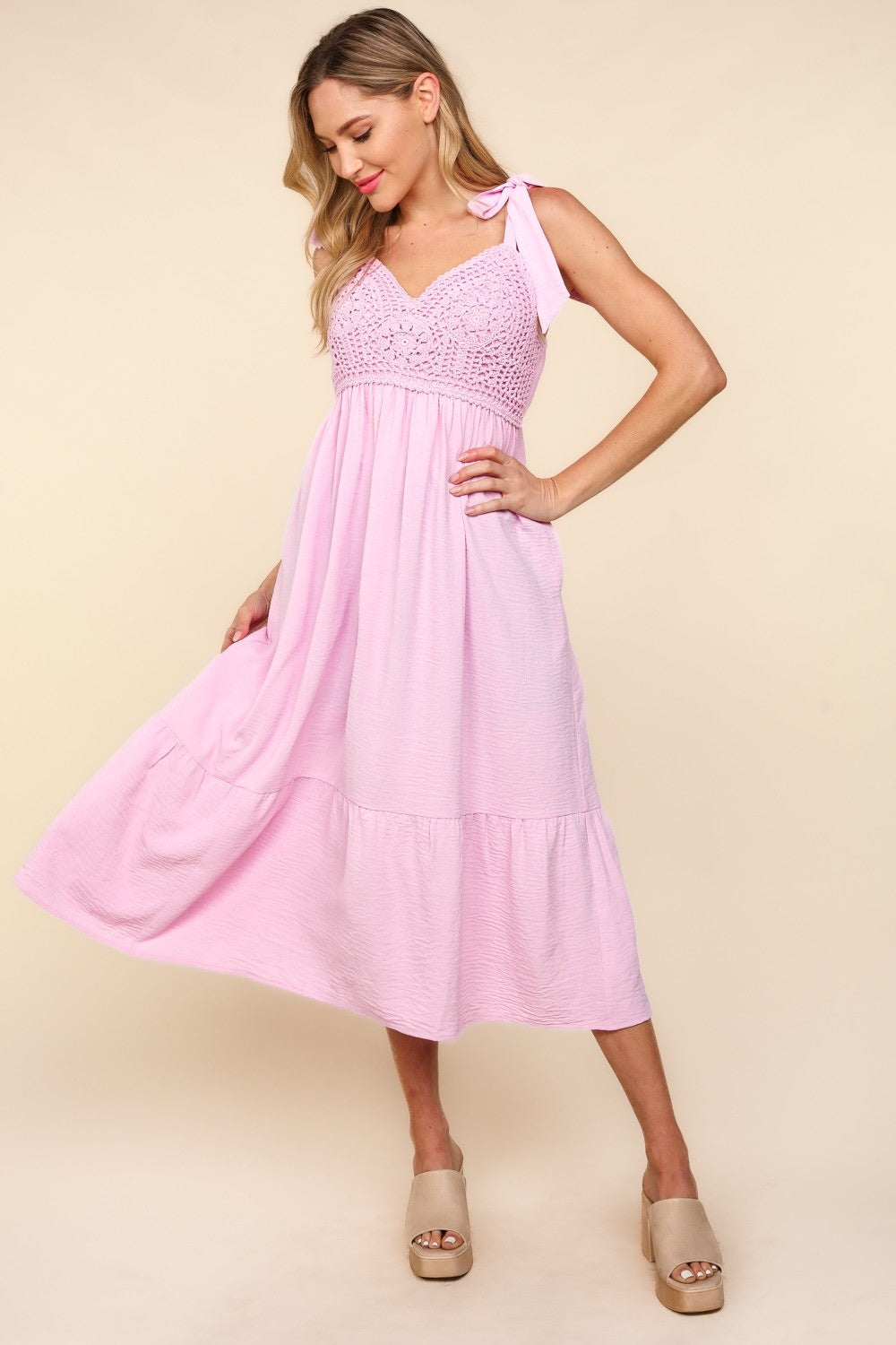 Women's Crochet Lace Ruffle Hem Cami Midi Dress