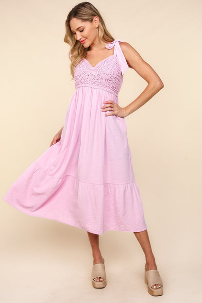 Women's Crochet Lace Ruffle Hem Cami Midi Dress