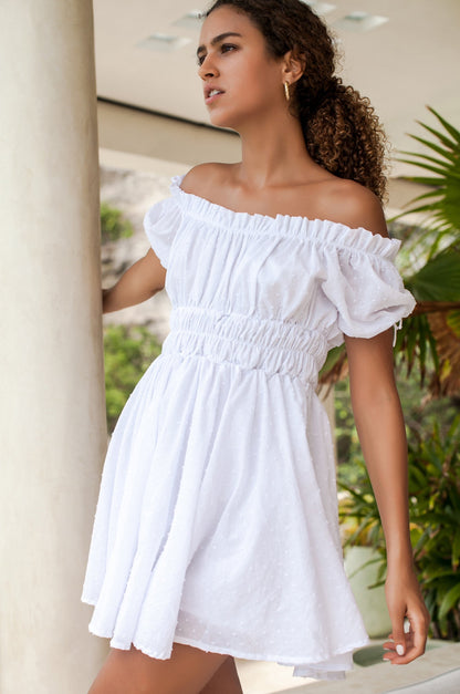 Butterfly Bliss Women's Organic Cotton Off-the-Shoulder Smocked Mini Dress