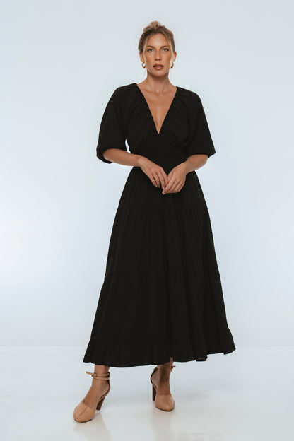 Lucienne Women's Linen Smocked Waist Tiered V-Neck Maxi Dress