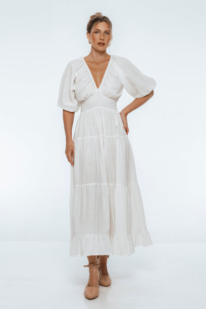 Lucienne Women's Linen Smocked Waist Tiered V-Neck Maxi Dress