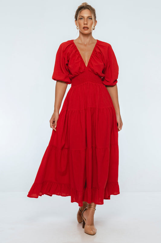 Lucienne Women's Linen Smocked Waist Tiered V-Neck Maxi Dress
