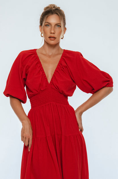 Lucienne Women's Linen Smocked Waist Tiered V-Neck Maxi Dress