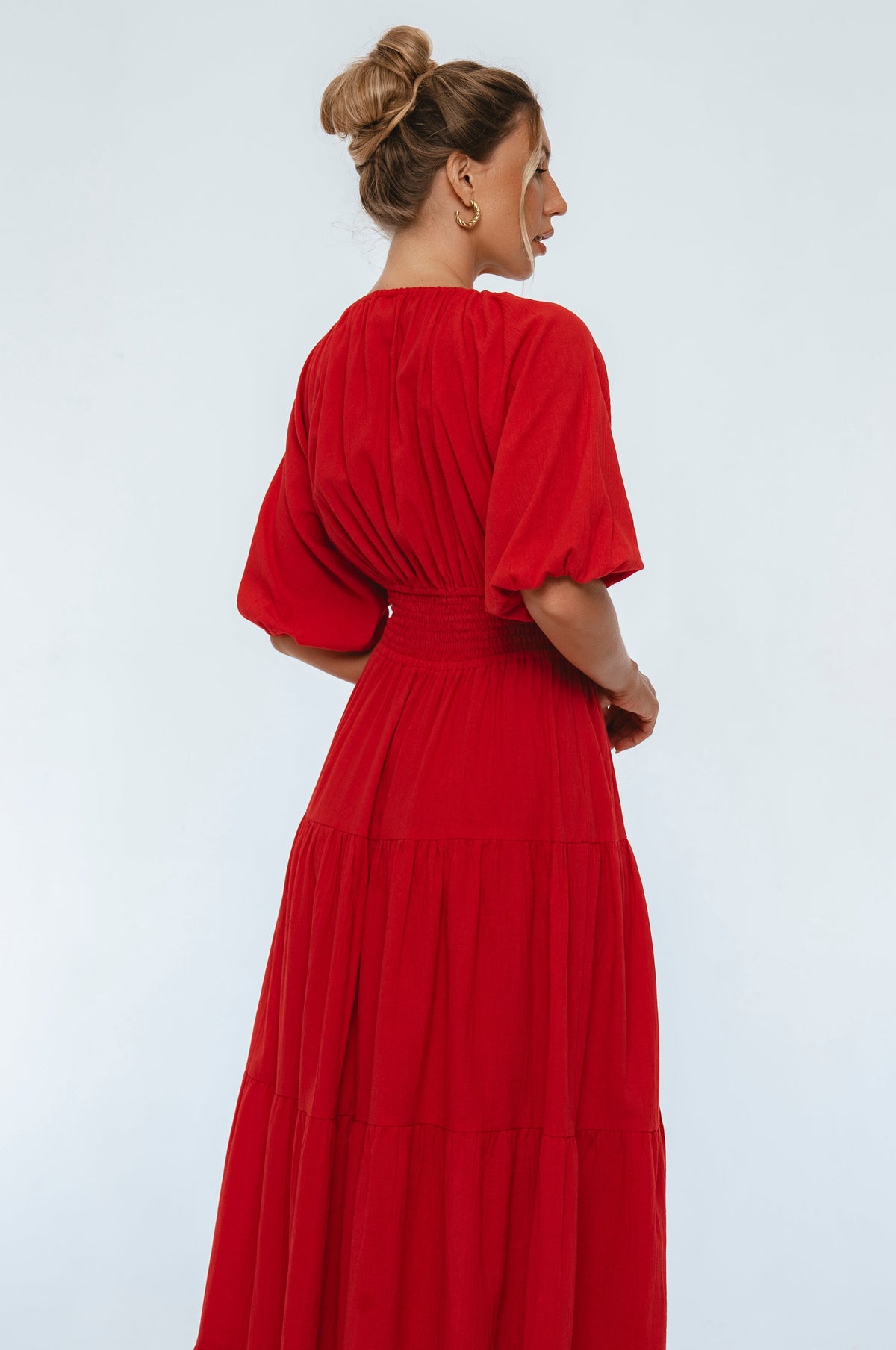 Lucienne Women's Linen Smocked Waist Tiered V-Neck Maxi Dress