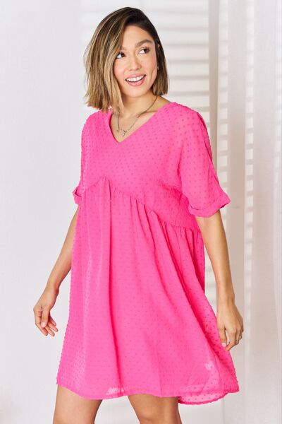 Zenana Women's Swiss Dot Rolled Short Sleeve Babydoll Dress