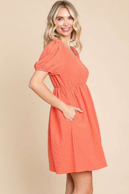 Culture Code Women's Textured Square Neck Short Sleeve A-Line Dress
